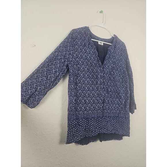 Old Navy Blue V-Neck Long Sleeve Patterned Bohemian Blouse Large - Picture 2 of 5